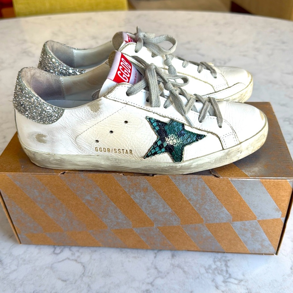 Golden Goose Women's White Sneakers with Silver Heel and Green Star